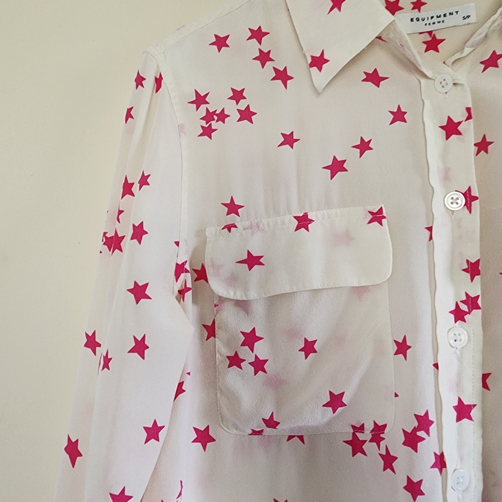 EQUIPMENT Slim Signature Silk Star Print Shirt White/Pink Size Small - Picture 7 of 13
